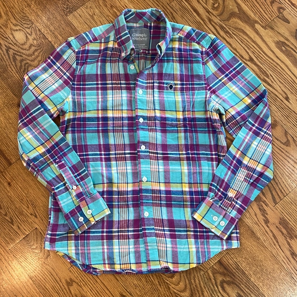 Simply Southern Plaid Button Down Shirt - Blue, Purple, Yellow